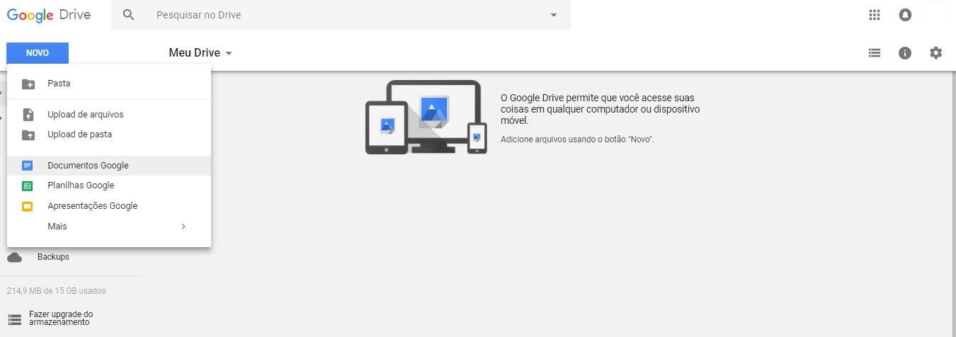 google drive - imagem indicando o botão de "documentos google"